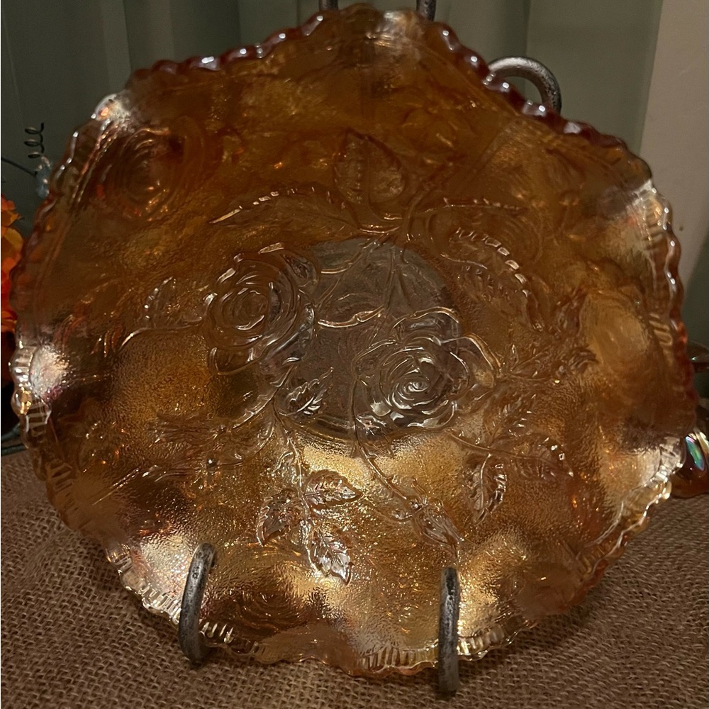 Imperial Carnival Glass Gold Decorative Vintage Glass Bowl EUC Roses